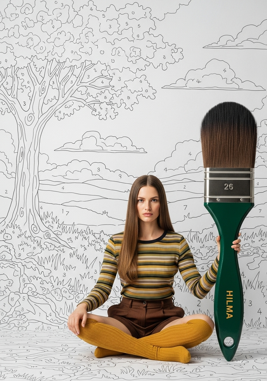 Person seated cross‑legged before a paint‑by‑numbers landscape, holding an oversized green paintbrush labeled “HILMA”; striped top, brown shorts, mustard socks.