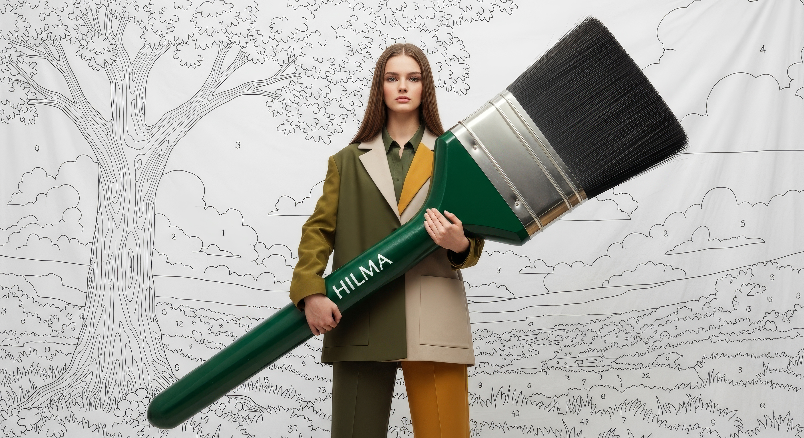 Person standing center in a two‑tone suit, holding a giant green paintbrush labeled “HILMA” against a large paint‑by‑numbers mural of a tree and rolling hills.