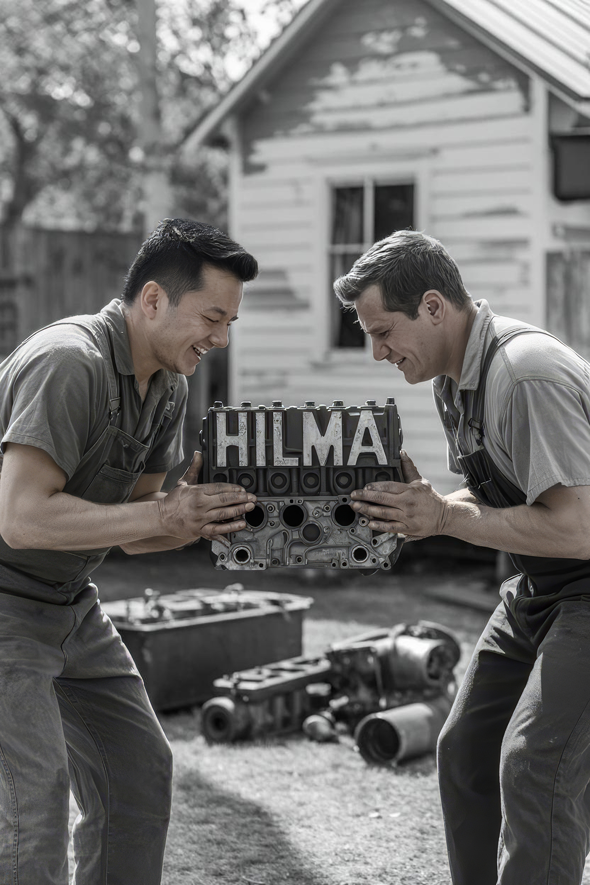 Two mechanics lift an engine block labeled 'HILMA' outdoors